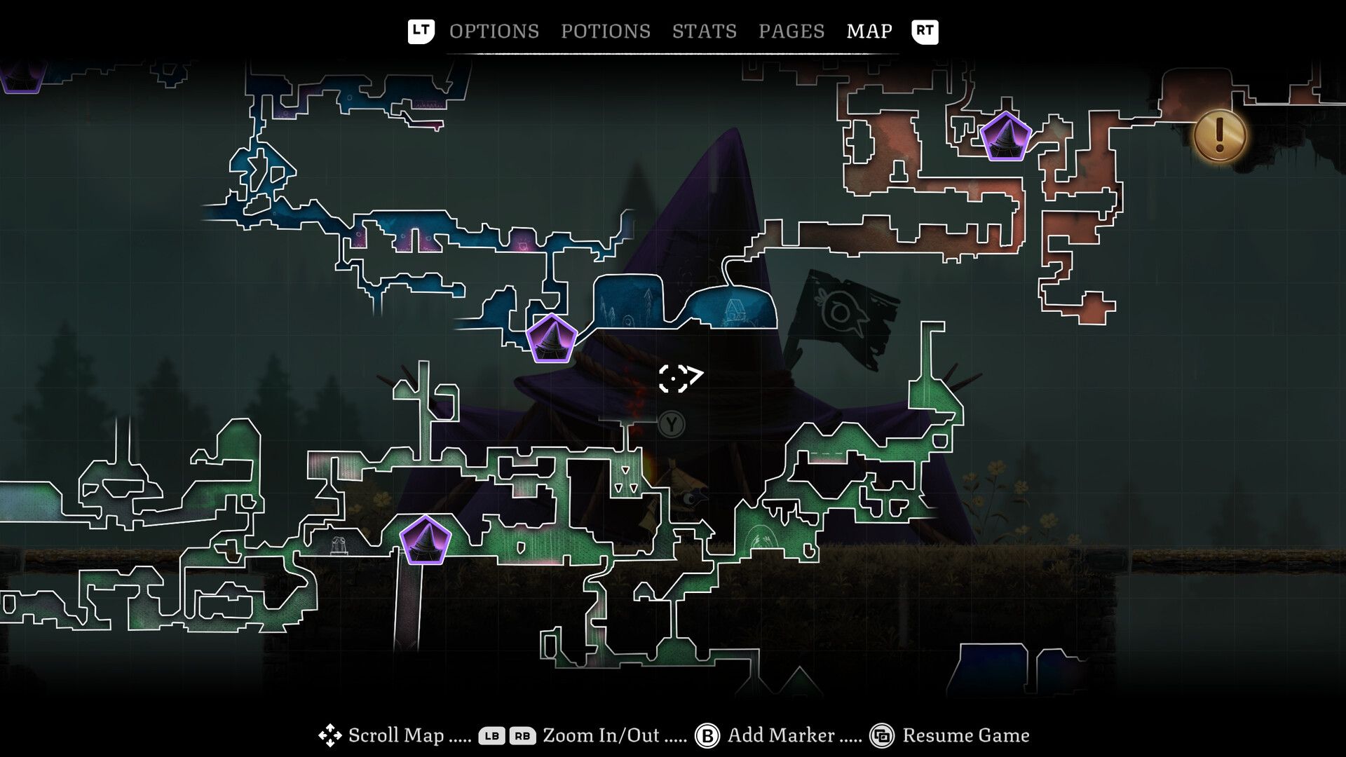 Official screenshot: the full-screen map with color-coded zones, menu tabs and controller prompts